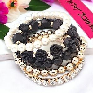 5 piece Gold plated crystal pearl Black flower bracelets BOGO